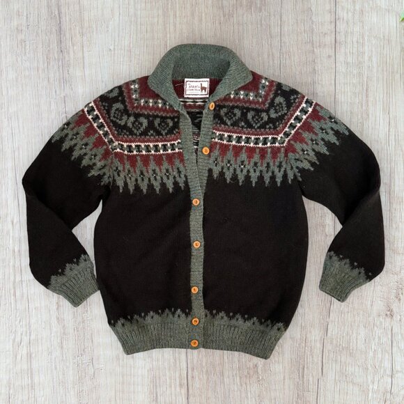 Alpaca Connection Peru Handmade Alpaca Wool Cardigan Sweater Fair Isle Knit Vtg - Picture 1 of 4